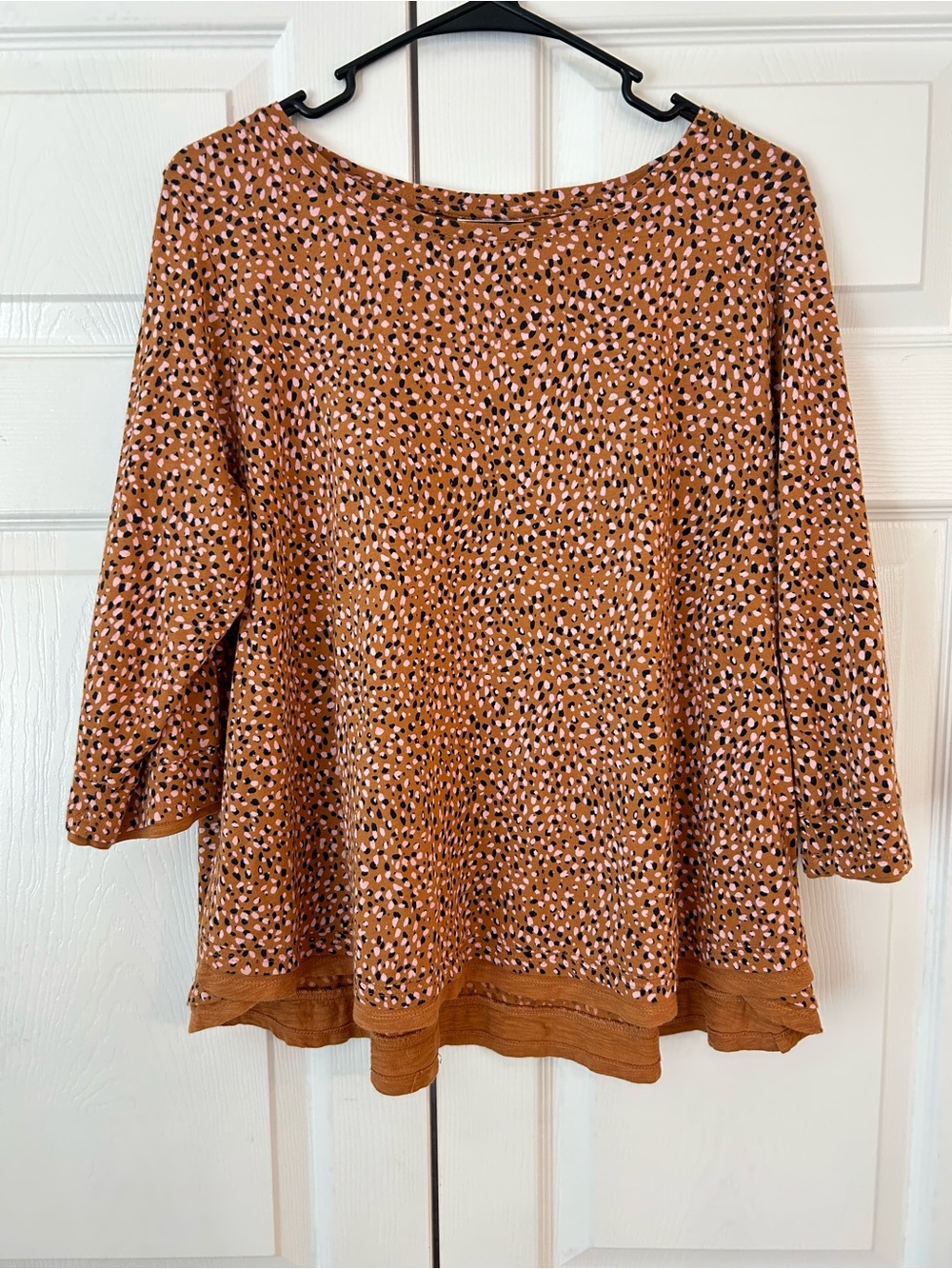 NWOT J.Jill Women’s Brown Dot Print Boat Neck Cotton Tunic Blouse Shirt Size PL